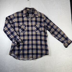 Vtg Big Yank Mens Flannel Shirt XL Blue Beige Plaid Long Sleeve Button Up 80s